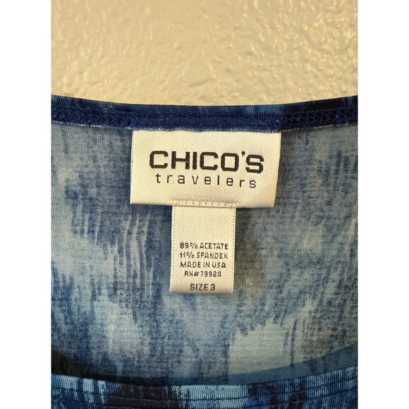 Chicos Travelers Women's Blue Patterned Top With Ruched Sleeves Size 3 - Picture 2 of 6